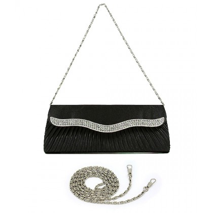 Evening Bag - 12 PCS - Pleated Satin w/ Rhinestones Trim Flap - Black - BG-YL1075BK